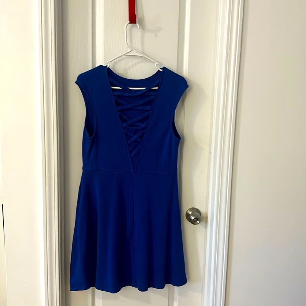 NY&Co Royal Blue swing dress with pockets and back cut out.